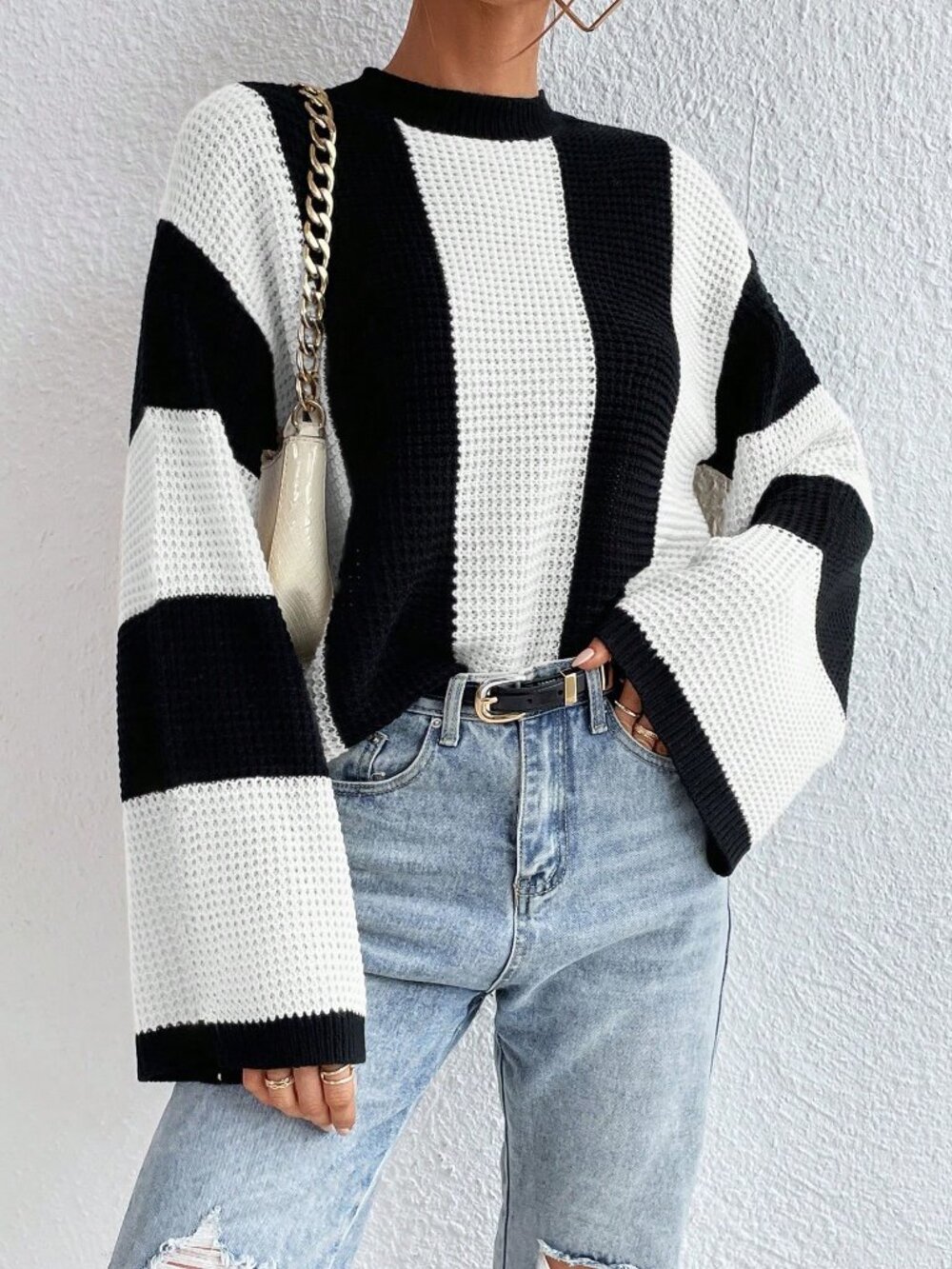 Black And White Casual Women's Color Block Striped Batwing Sleeve Loose Sweater